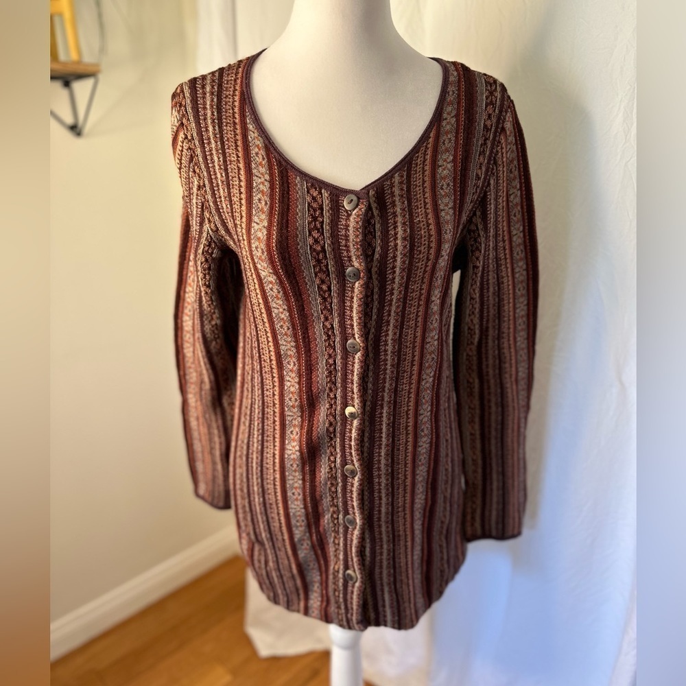 Peruvian Connection Floral Striped Knit
Alpaca Pima Cotton Wool Blend Button S